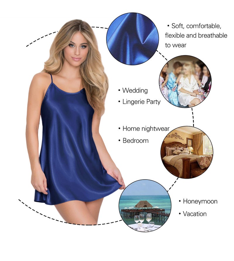 RSLOVE Women Lingerie Sexy Sleepwear Satin Chemise Nightgown Slik Nightwear Mini Teddy Blue S - Image 4